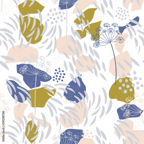 Vector organic floral seamless abstract background, botanical motif, freehand doodles pattern. Hand drawn fennel or dill flowers and abstract leaves outlines in pastel colors.