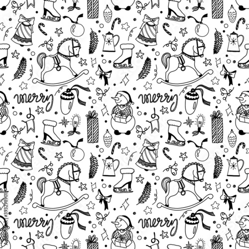 Fototapeta Naklejka Na Ścianę i Meble -  Seamless Christmas pattern with cute characters and holiday elements. Winter doodle background.