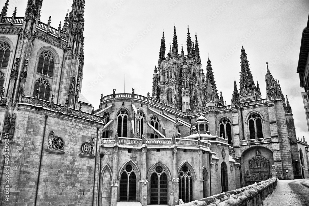 Burgos Cathedral with snow in black and white (Spain)
