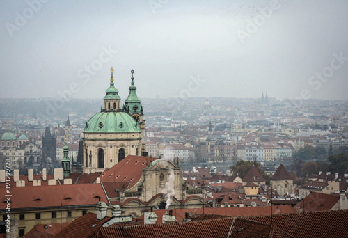 View of St. Nicholas Church and the Vltava River in Prague, the capital of the Czech Republic