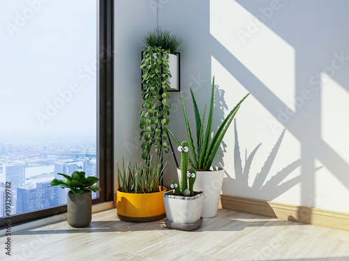 spacious and bright urban residential enclosed balcony design, green plants and household appliances look casual and comfortable