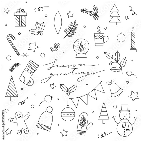 Set of Christmas icons - snowman, gift box, objects, decorations, vector illustration isolated on white background. Collection of Chrismas line art doodles