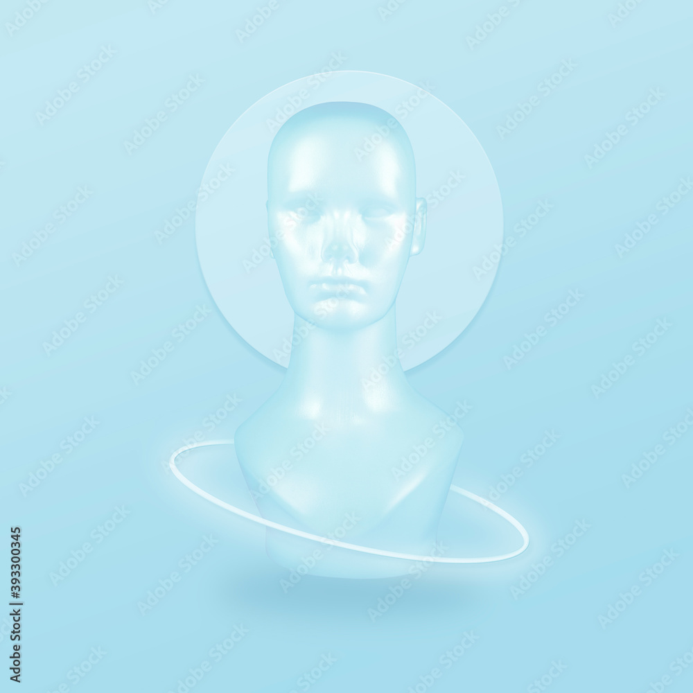 Abstract dummy head with a white neon ring on a blue background