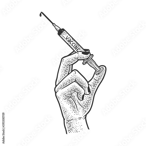 syringe with vaccine sketch engraving vector illustration. T-shirt apparel print design. Scratch board imitation. Black and white hand drawn image.