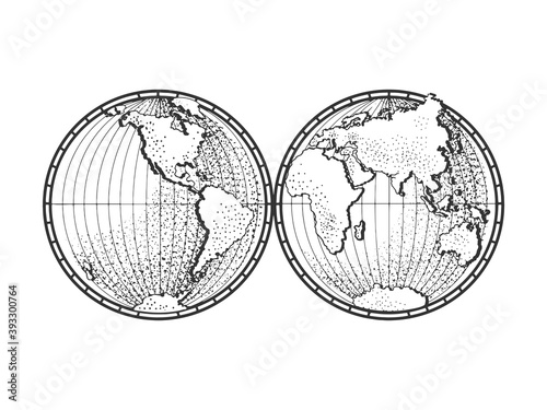 medieval old world map sketch engraving vector illustration. T-shirt apparel print design. Scratch board imitation. Black and white hand drawn image.