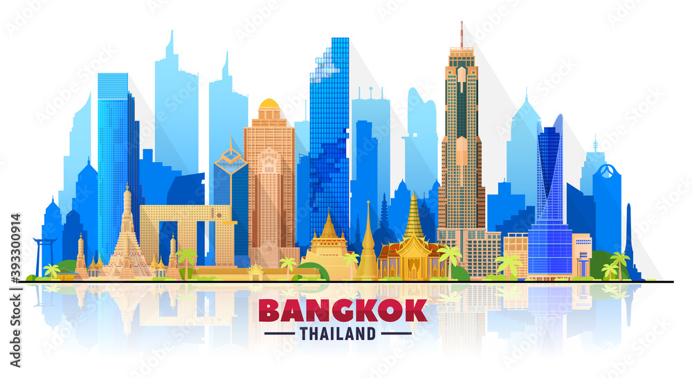 Obraz premium Bangkok ( Thailand ) skyline with panorama in white background. Vector Illustration. Business travel and tourism concept with modern buildings.