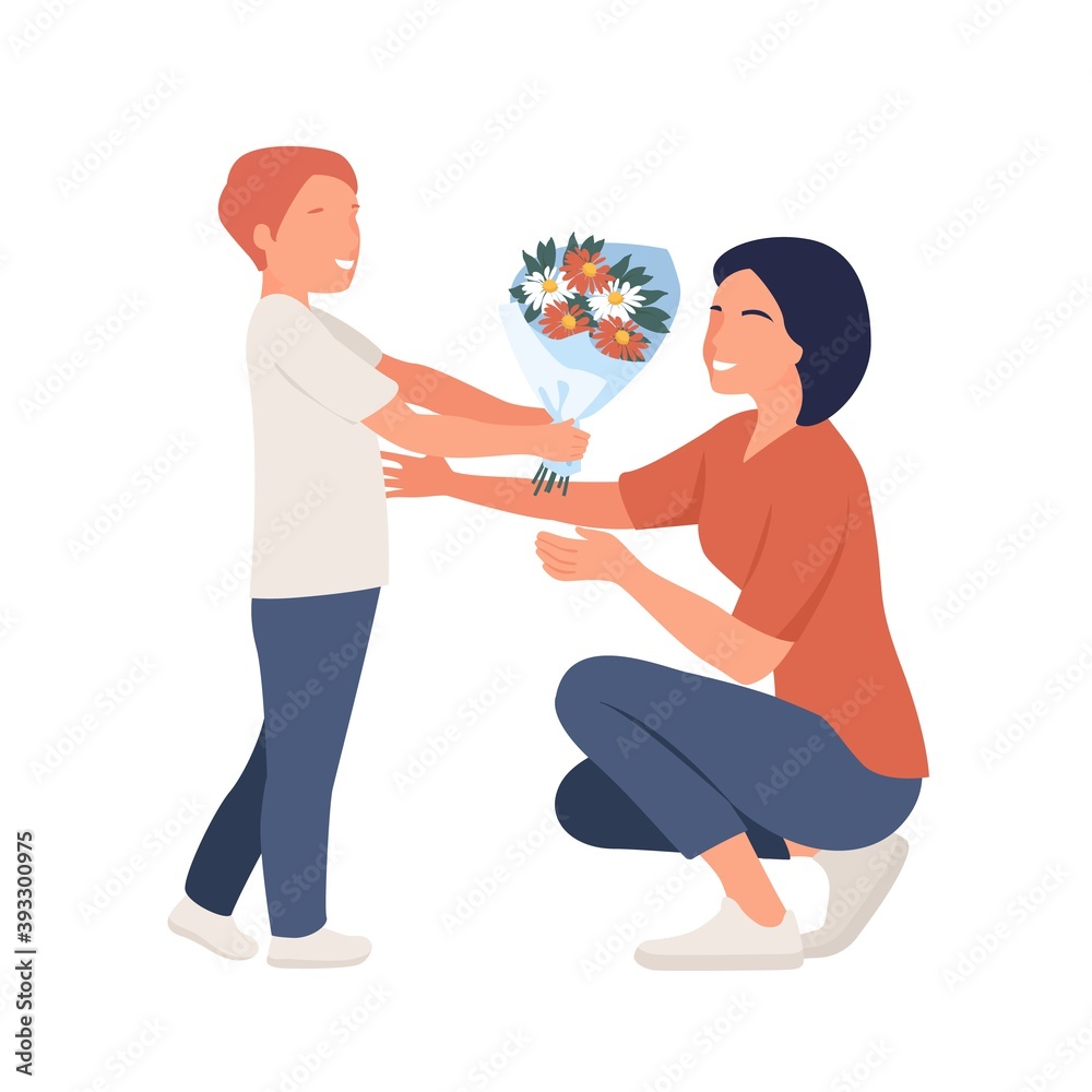 Giving flowers to mom. Mother day concept. Vector