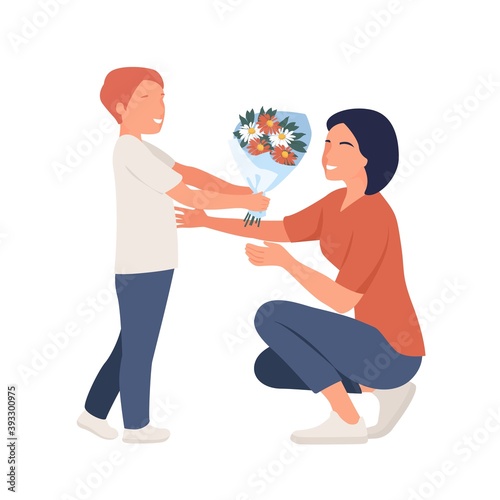 Giving flowers to mom. Mother day concept. Vector