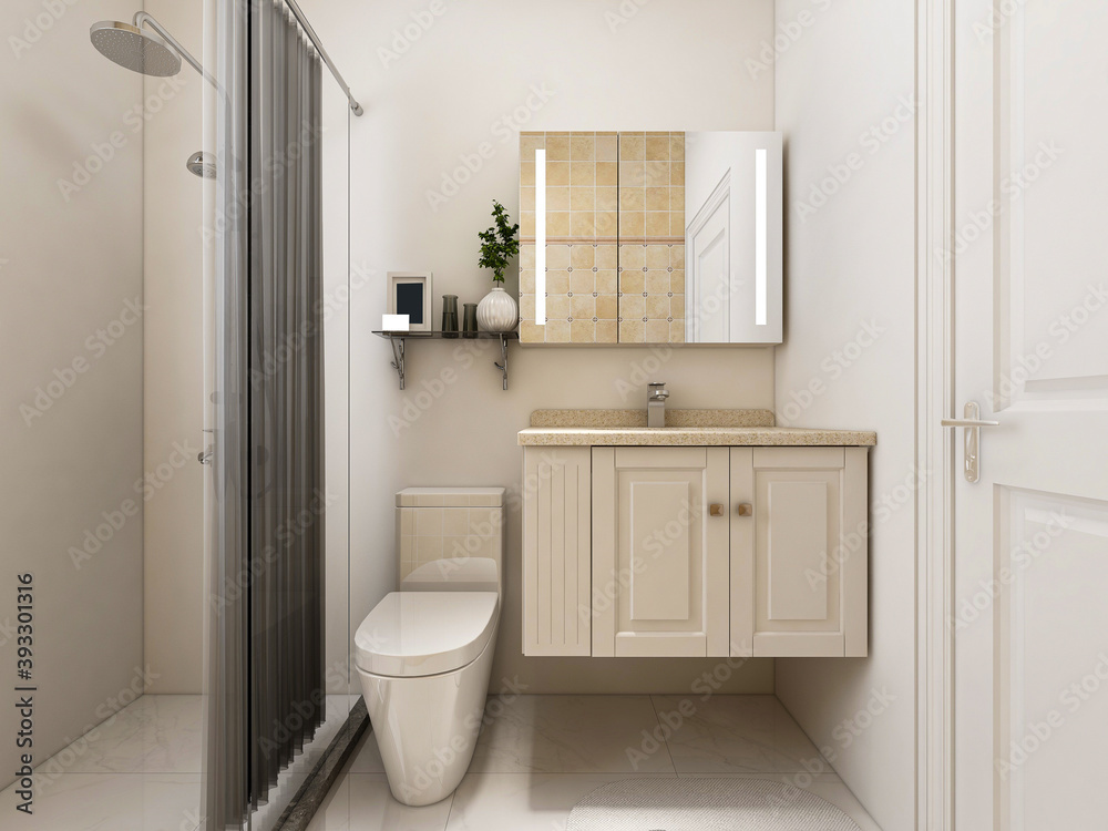 Clean modern residential bathroom and toilet design, which is equipped with washstand, toilet and shower equipment, etc. Clean modern residential bathroom and toilet design, which is equipped with washstand, toilet and shower equipment, etc.