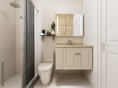 Clean modern residential bathroom and toilet design  which is equipped with washstand  toilet and shower equipment  etc.