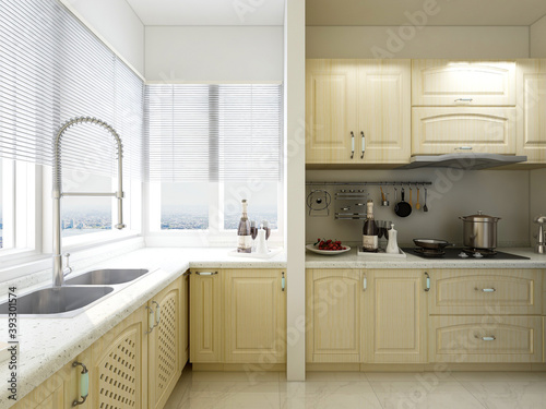 Modern family kitchen design  new cabinets and kitchenware with refrigerators  sunlight from the window.