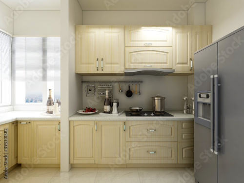 Modern family kitchen design, new cabinets and kitchenware with refrigerators, sunlight from the window.