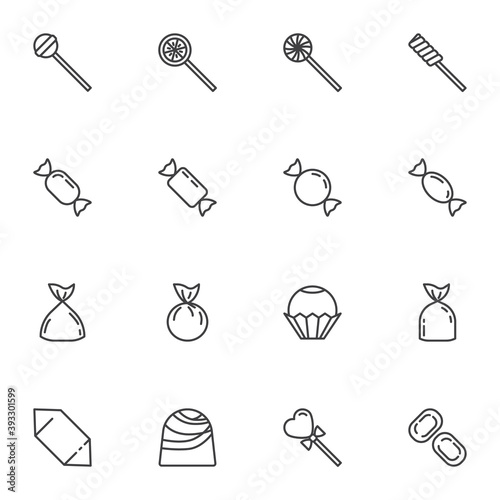 Sweets line icons set, outline vector symbol collection, linear style pictogram pack. Signs, logo illustration. Set includes icons as candy and lollipop, chocolate, bonbon caramel