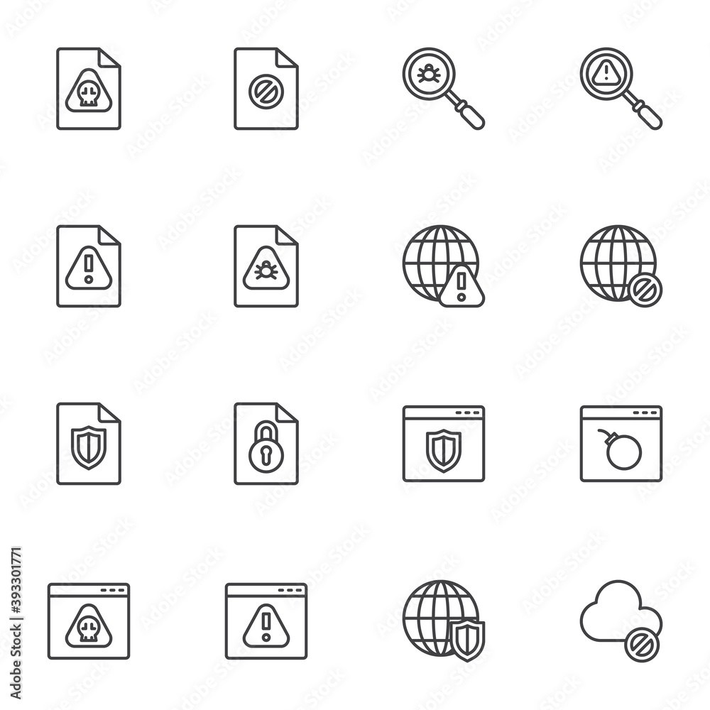 Data protection line icons set. linear style symbols collection, outline signs pack. Cyber security vector graphics. Set includes icons as infected file, website virus, bug scan, browser protection Data protection line icons set. linear style symbols collection, outline signs pack. Cyber security vector graphics. Set includes icons as infected file, website virus, bug scan, browser protection