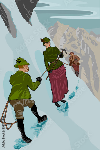 Retro illustration of woman and two men climbers securing in winter