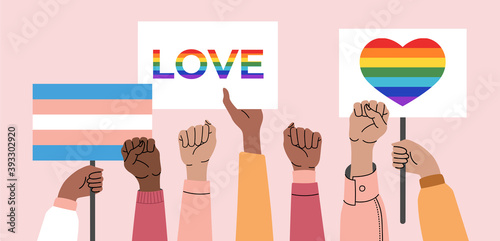 A crowd of people holding lgbt posters, transgender and rainbows at a gay parade. Human rights, discrimination banner. Lgbtq symbol. Vector illustration in cartoon style on isolated pink background. 