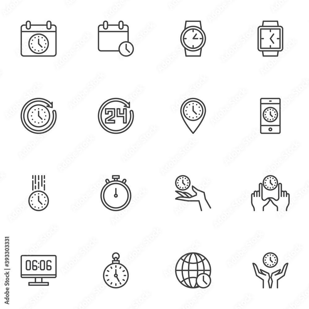 Clock time line icons set, outline vector symbol collection, linear style pictogram pack. Signs, logo illustration. Set includes icons as calendar with clock, telephone, wrist watch, stopwatch Clock time line icons set, outline vector symbol collection, linear style pictogram pack. Signs, logo illustration. Set includes icons as calendar with clock, telephone, wrist watch, stopwatch