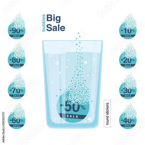 The tablet with the information about the discount dissolves in a glass of liquid. Sale. Stickers or tags. Dispersion