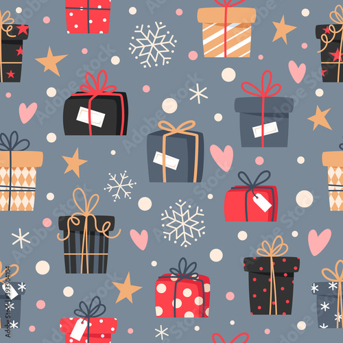 Christmas seamless pattern with gifts and snowflakes, vector illustration in flat style