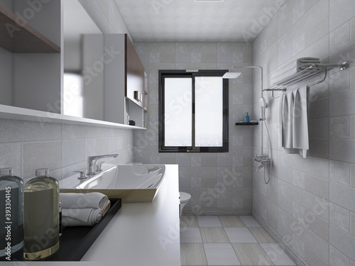 Clean modern residential bathroom and toilet design  which is equipped with washstand  toilet and shower equipment  etc.
