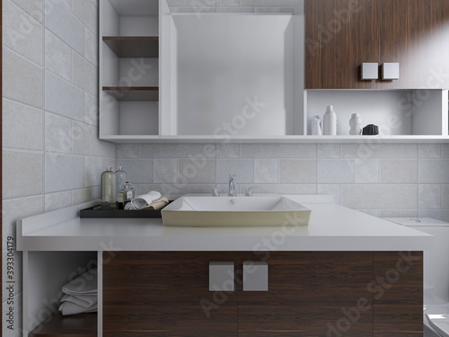 Clean modern residential bathroom and toilet design  which is equipped with washstand  toilet and shower equipment  etc.