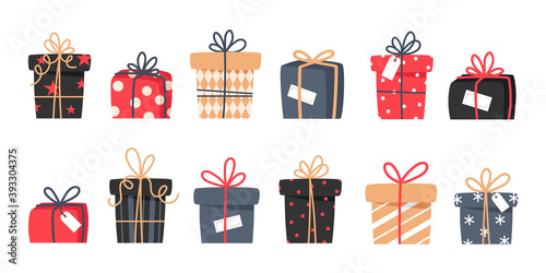 Set of Christmas gifts, New Year presents, gift boxes with ribbons, vector illustration in flat style