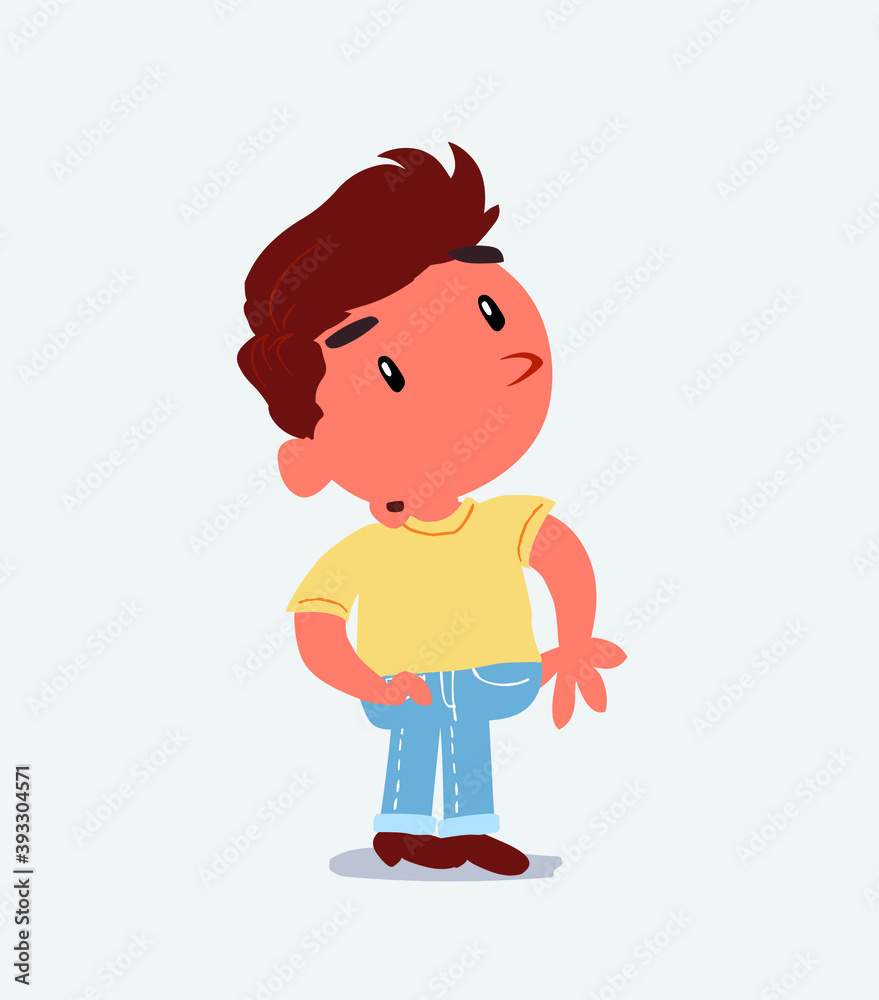cartoon character of little boy on jeans looks with doubt and somewhat surprised. cartoon character of little boy on jeans looks with doubt and somewhat surprised.