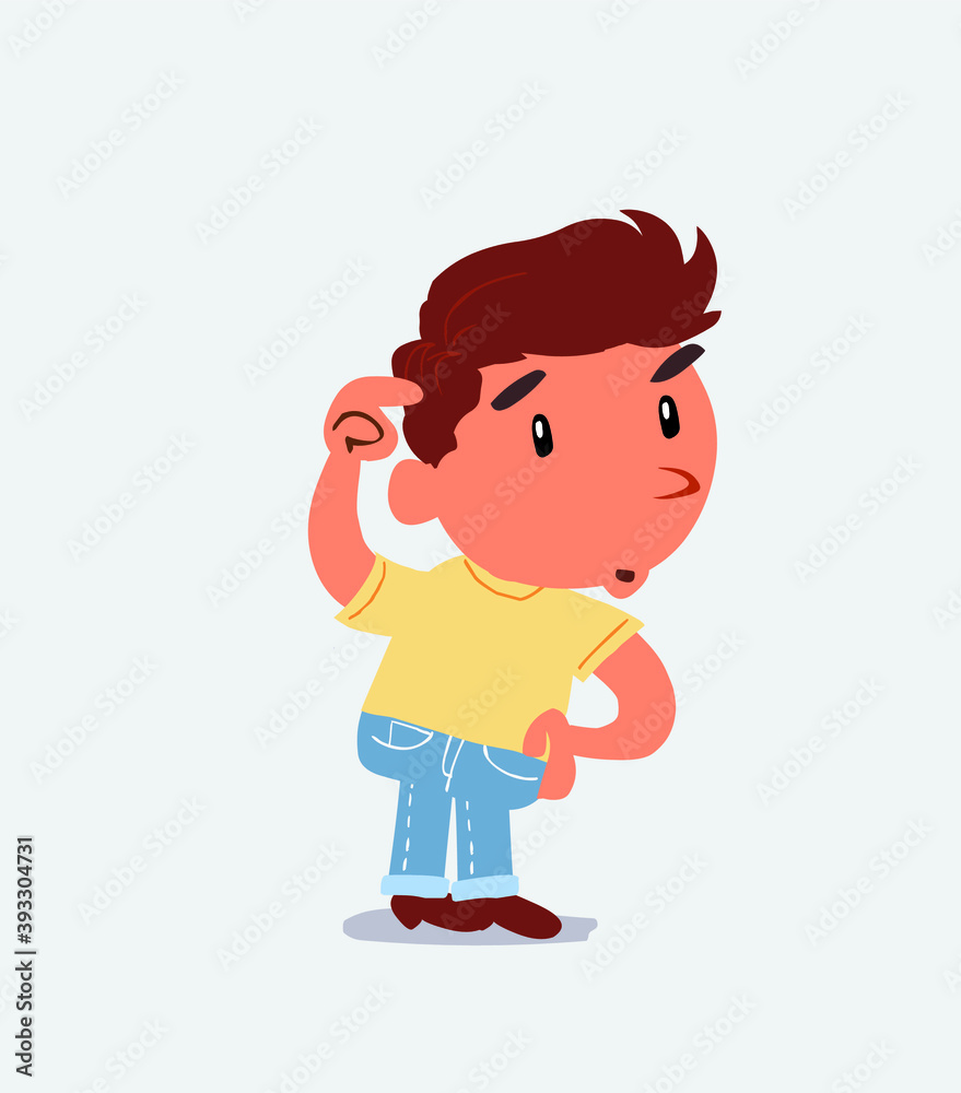  funny cartoon character of little boy on jeans doubting