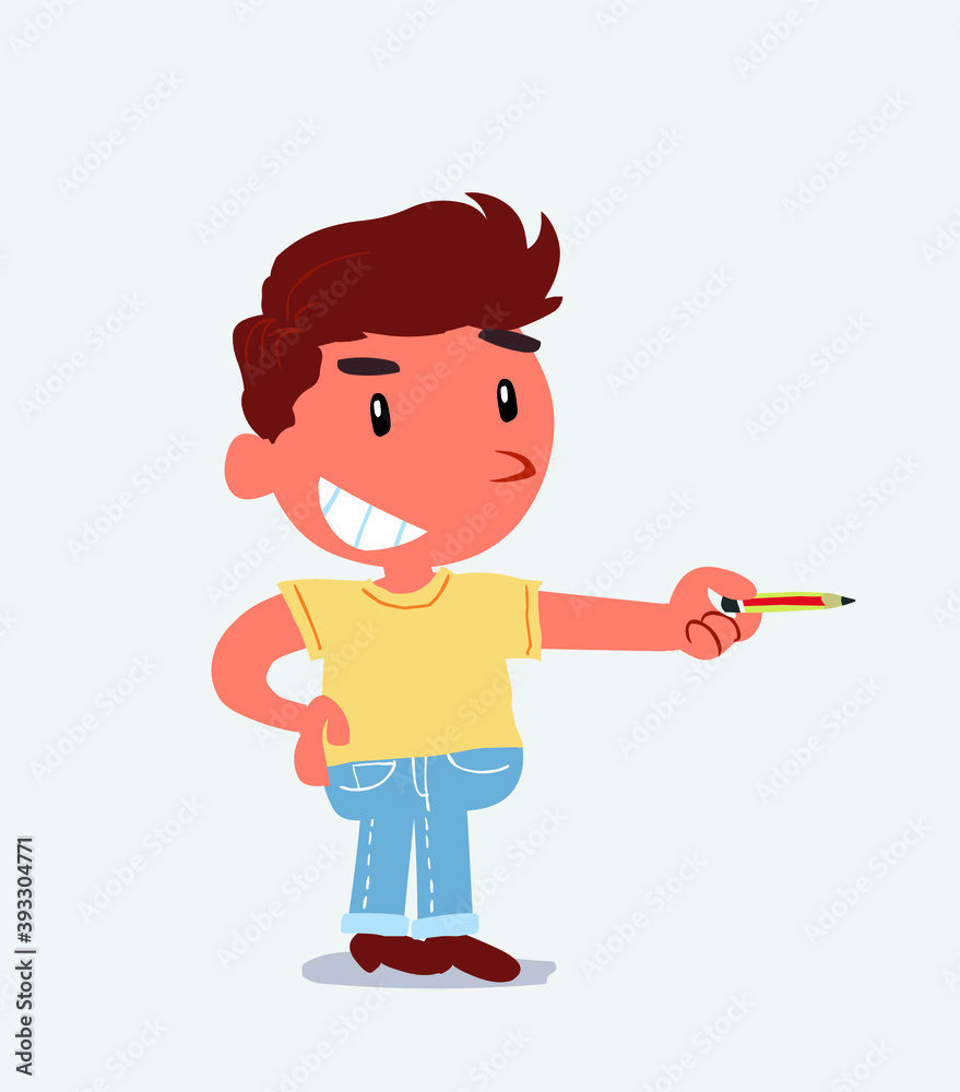 happy cartoon character of little boy on jeans points with pencil to the side happy cartoon character of little boy on jeans points with pencil to the side