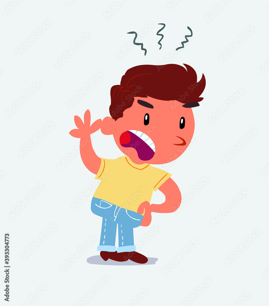 Indigned cartoon character of little boy on jeans vehemently shakes his hand Indigned cartoon character of little boy on jeans vehemently shakes his hand