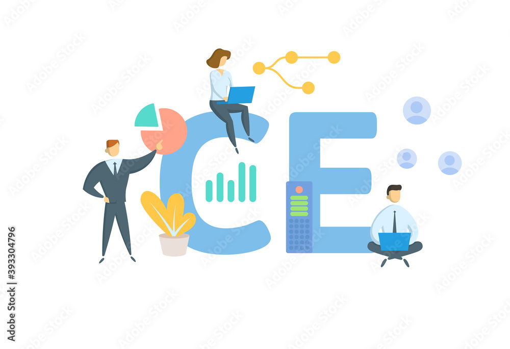 CE, Continuing Education. Concept with keywords, people and icons. Flat vector illustration. Isolated on white background.