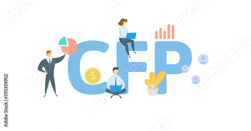 CFP, Certified Financial Planner. Concept with keywords, people and icons. Flat vector illustration. Isolated on white background.