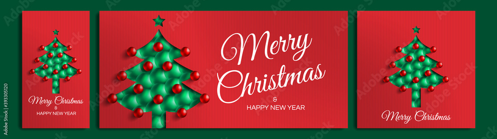 merry christmas and happy new year greeting cards banners posters set for social media with spruce tree from spheres vertical horizontal and square 