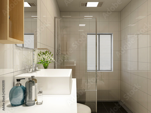  Clean modern residential bathroom and toilet design  which is equipped with washstand  toilet and shower equipment  etc.