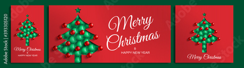 merry christmas and happy new year greeting cards banners posters set for social media with spruce tree from spheres vertical horizontal and square 