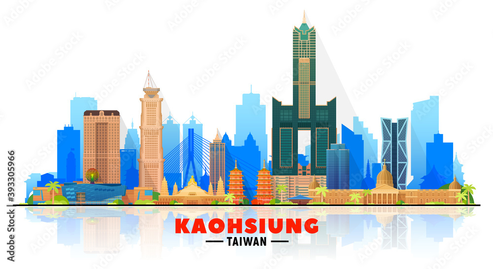 Kaohsiung Taiwan skyline with panorama in sky background. Vector Illustration. Business travel and tourism concept with modern buildings. Image for banner or web site.