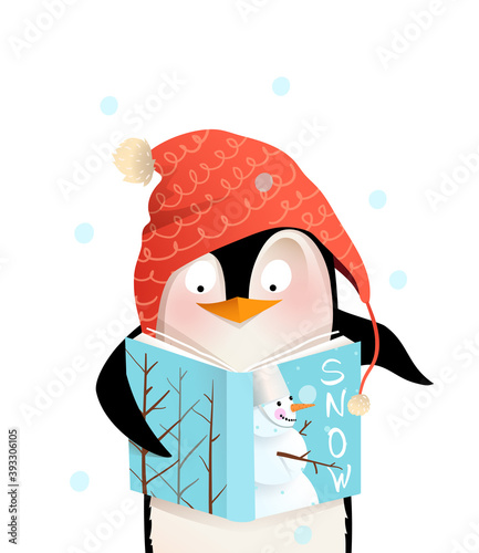 Penguin wearing winter knitted hat reading book with snowman winter cover cheerful kids character design. Cute and friendly animal character design for children in vector.