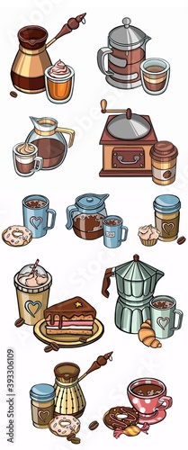 Doodle coffee shop items with seamless pattern. Vector illustration