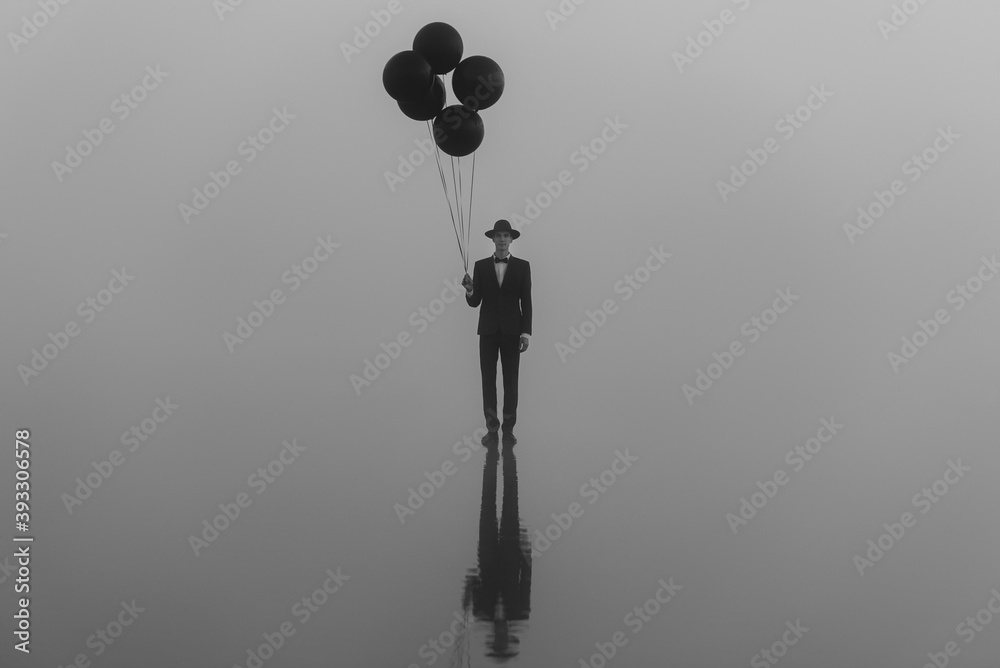 surreal portrait of a man in a suit with a hat with balloons in his hand on the water surreal portrait of a man in a suit with a hat with balloons in his hand on the water