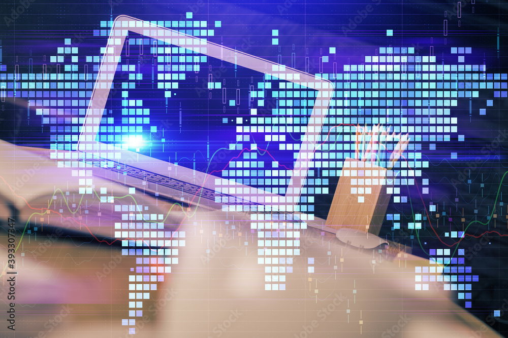 Multi exposure of business theme icons and work space with computer background. Concept of success. Multi exposure of business theme icons and work space with computer background. Concept of success.