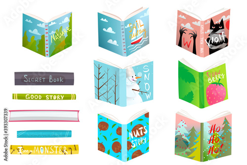 Children books library with funny hand drawn covers. Education and leisure reading and studying design. Isolated open and closed books vector clipart.