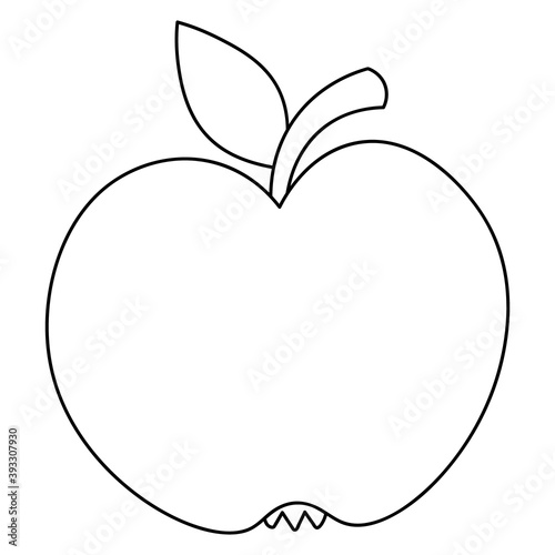 Apple. Delicious fruit with a leaf. Vector illustration. Outline on an isolated white background. Doodle style. Sketch. Coloring book for children. Harvesting. Seasonal product. Juicy fruit.