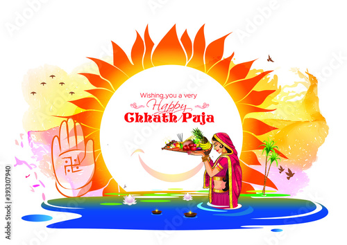 Chhath Puja concept sun worship festival background and women standing in river