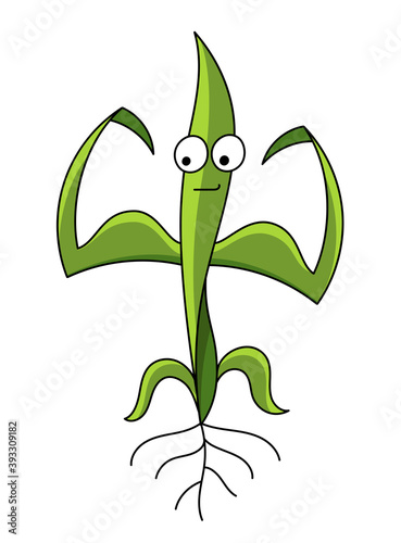 Young seedling plant mascot strong with big muscles character. Healthy and powerful green sprout growing. Agricultural. Vector flat.