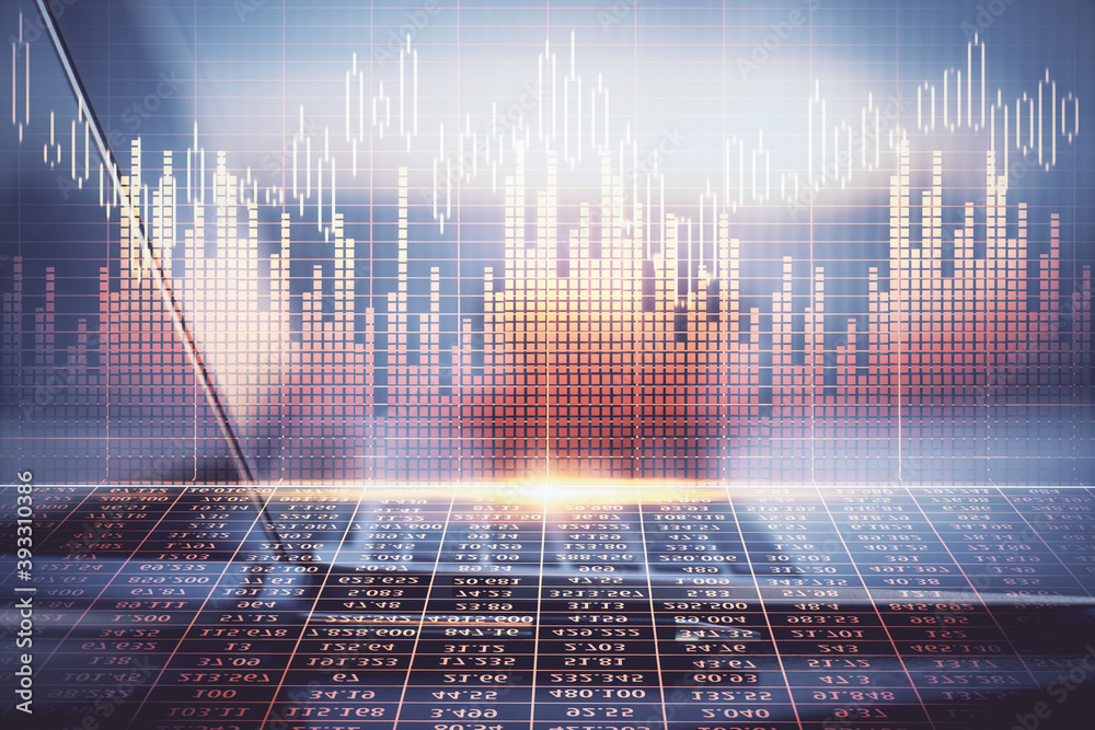 Financial chart drawing and table with computer on background. Multi exposure. Concept of international markets.