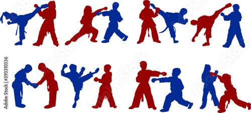 figures of sportsmen children boys and girls sparring in karate