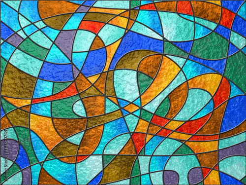 Sketch of a colored stained glass window. Abstract stained-glass background. Bright colors, colorful. Modern stained glass. Expression of color. Color movement. Elements of architecture.