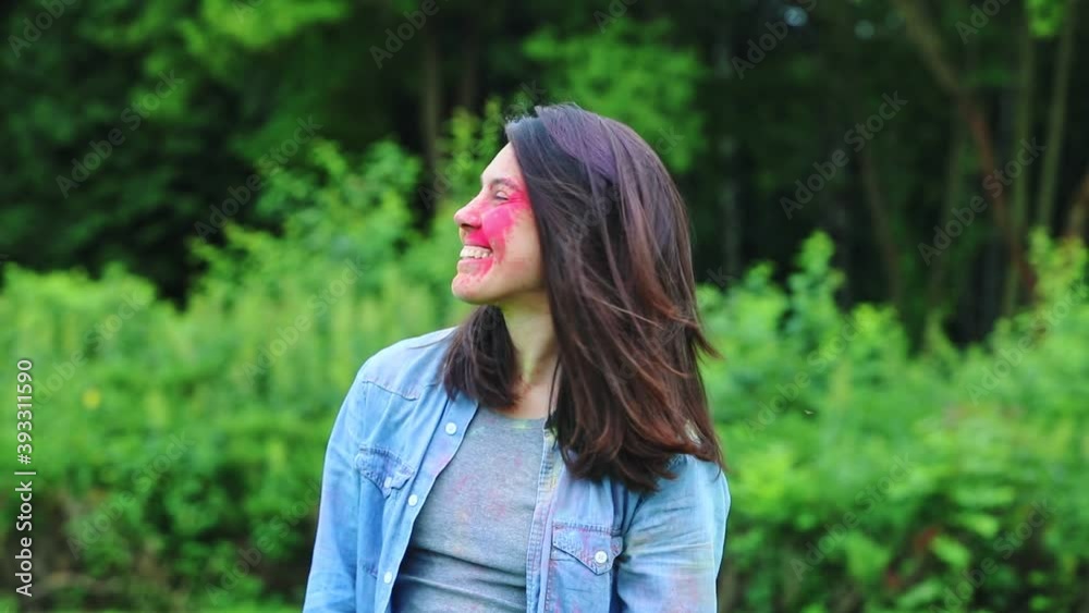 portrait of young pretty woman splashes holi paints portrait of young pretty woman splashes holi paints