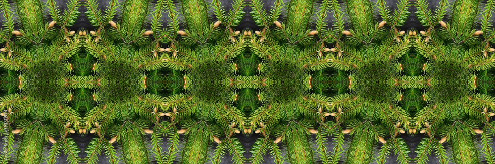 Christmas decoration made from naturalistic looking green spruce branches with needles. Kaleidoscope illustration.