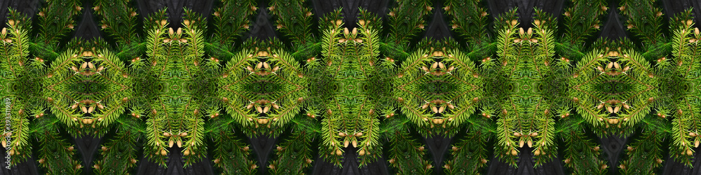 Christmas decoration made from naturalistic looking green spruce branches with needles. Kaleidoscope illustration. Christmas decoration made from naturalistic looking green spruce branches with needles. Kaleidoscope illustration.